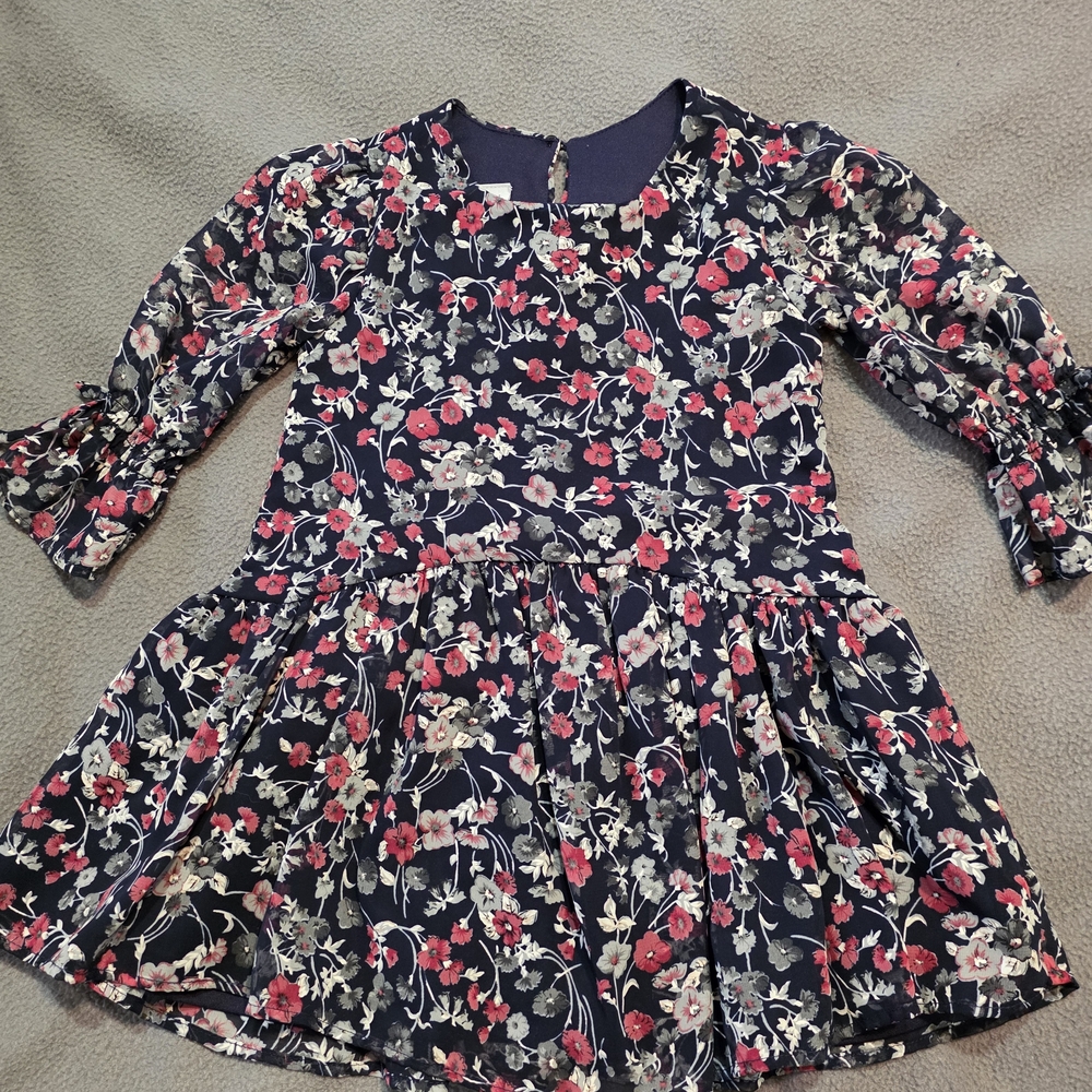 Bonnie Jean Navy Floral Long Sleeve Twirl Dress with Pink Accents